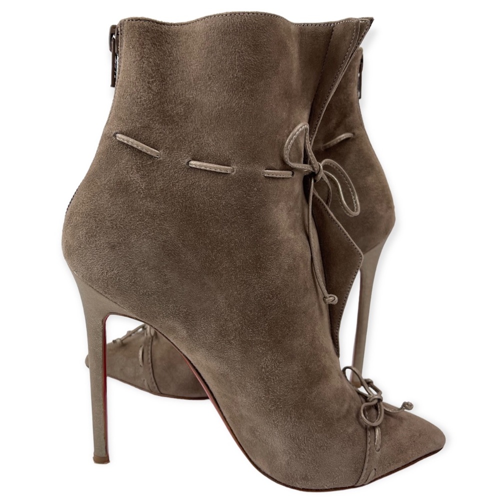 CHRISTIAN LOUBOUTIN Booties Suede & Metallic Leather Bows Stiletto Heels Zipper